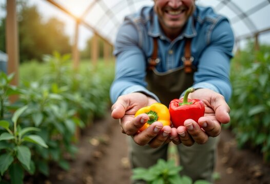 Man offering red and yellow peppers in hands to camera, Vibrant glossy bell peppers, closeup of palms and soil-stained fingernails, tasting and selection scene. Organic food market.