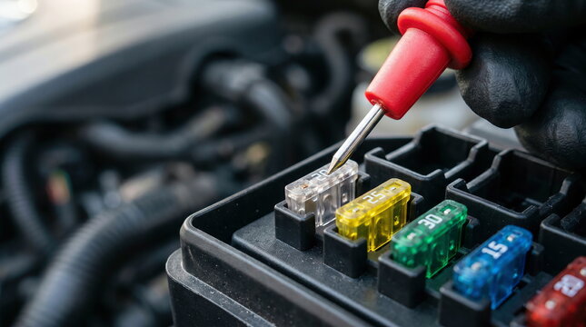 Car repair, mechanic checking electrical fuse box with tester under vehicle hood, automotive electrical system maintenance.
