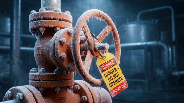 Frost-covered industrial valve with "Danger - Do Not Operate" tag, signifying equipment maintenance and extreme cold conditions.