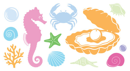 Obraz premium Colorful Marine Life Illustration Featuring Seahorse and Shells.