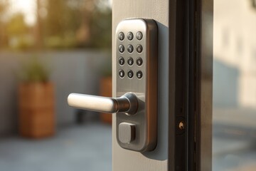 Naklejka premium Close-up of modern keypad smart lock on apartment door with handle