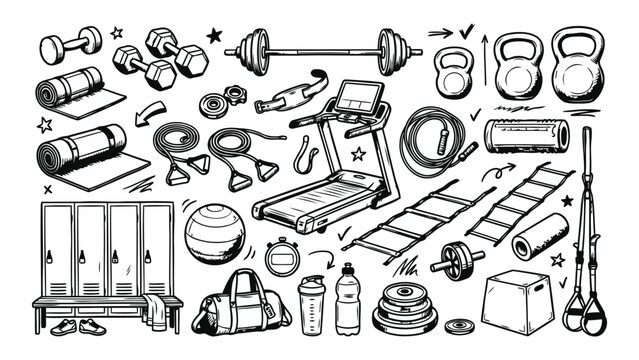 A collection of hand-drawn illustrations featuring various fitness equipment and gym accessories, including dumbbells, a barbell, a treadmill, yoga mats, kettlebells, resistance bands, a jump rope, lo
