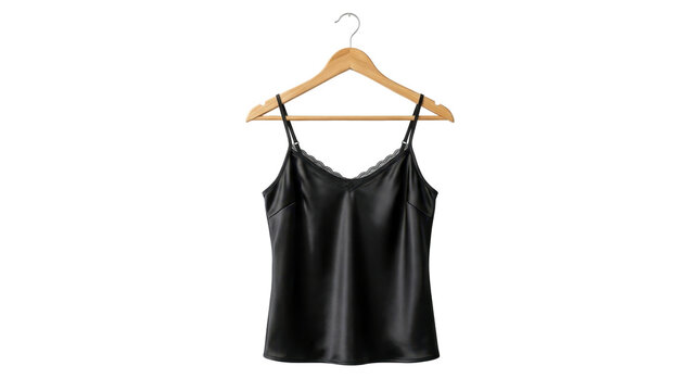 A black leather camisole hangs on a wooden hanger against a white background.