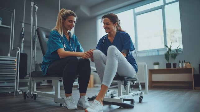 Physical therapist assisting patient with leg exercise in rehab