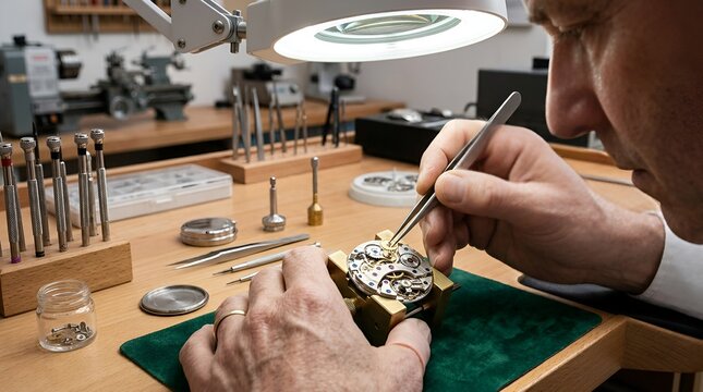 Watchmaker repairing intricate watch movement with precision tools at workbench
