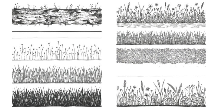 Set of hand drawn grass and meadow flower borders for nature design elements