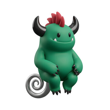 Cute Green Monster with Horns and Red Spikes