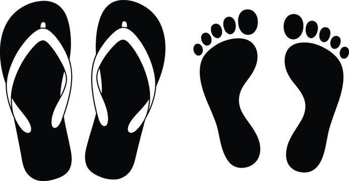 Black flip flops and bare feet silhouettes with toe details
