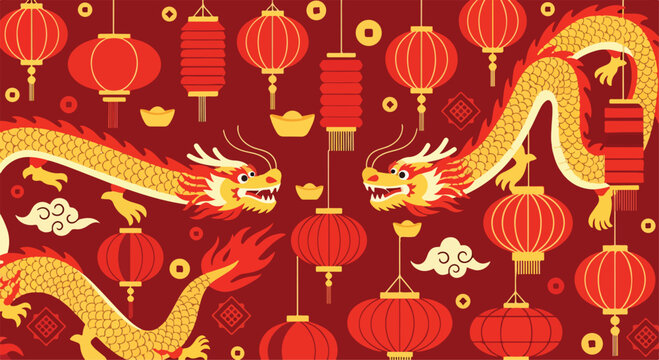 Vibrant dragon and lantern pattern
