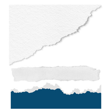 Torn Paper Scraps, White and Blue Rip Pieces with Rough Edges on White Background