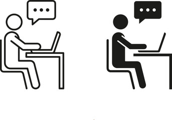 Fototapeta premium Person working on laptop at desk vector icon set with speech bubble outline and solid style