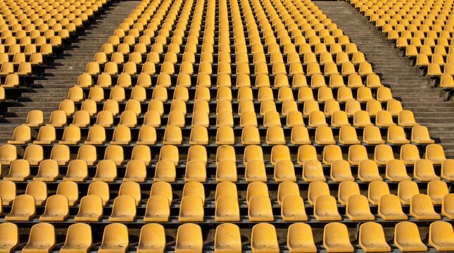 yellow tribunes. seats of tribune on sport stadium. empty outdoor arena. concept of fans. chairs for audience. cultural environment concept. color and symmetry. empty seats. modern stadium