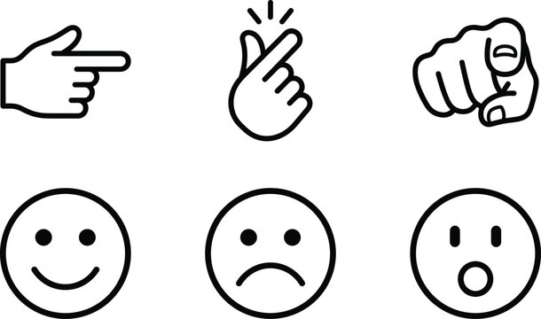 Animated line icons pack representing hand gestures pointing snap finger and emoticons with happy sad surprised expressions on white background loop