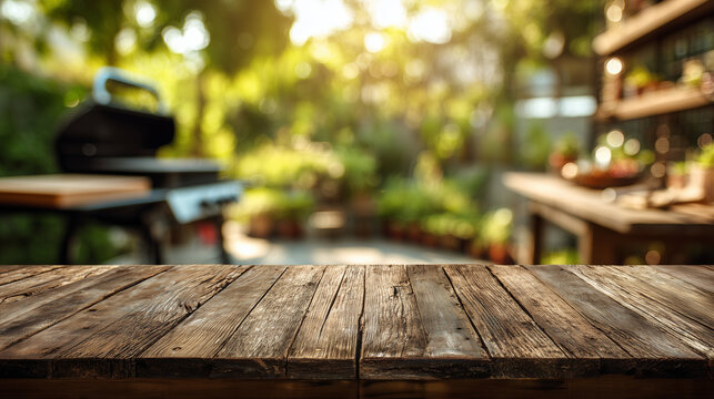 Empty rustic wooden table top with a blurred outdoor backyard barbecue background during a bright sunny day