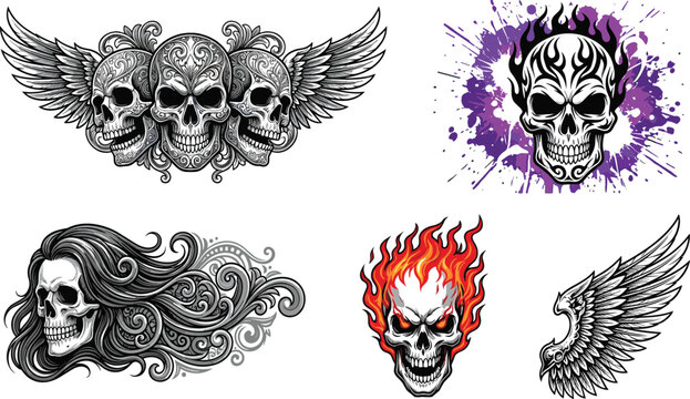 Gothic skull vector illustration bundle featuring flaming skulls winged skulls santa muerte and abstract paint splatter elements for t-shirt design