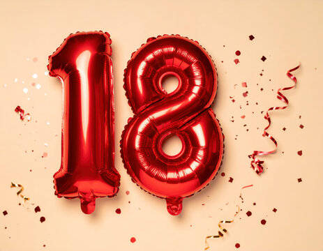 Red number 18 balloons celebrating an anniversary party