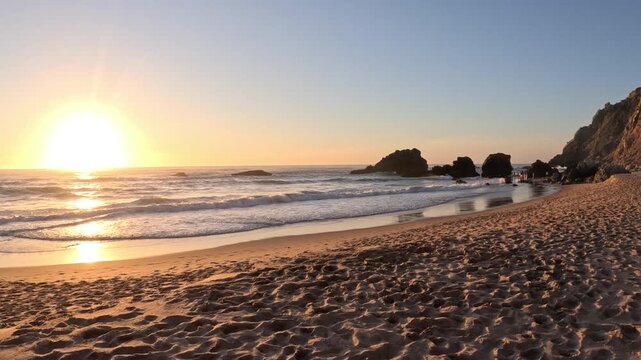 POV Walk Across Praia da Ursa at Sunset, Golden Light on Sea Stacks and Atlantic Shore, Portugal