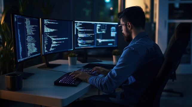 Programmer coding at desk with multiple monitors, dim ambient light, realistic office environment, professional stock style 