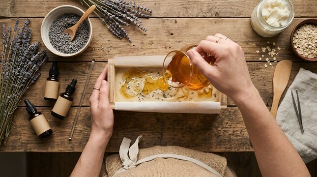 Handmade Soap Making: Pouring Liquid Ingredients into Wooden Mold with Lavender and Oats