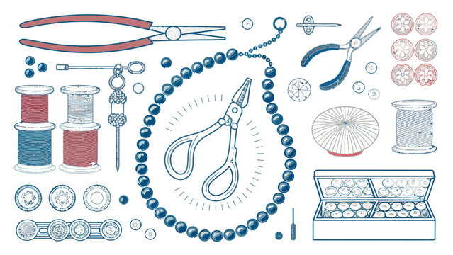 Jewelry making tools and supplies on a white background with beads, pliers, and thread