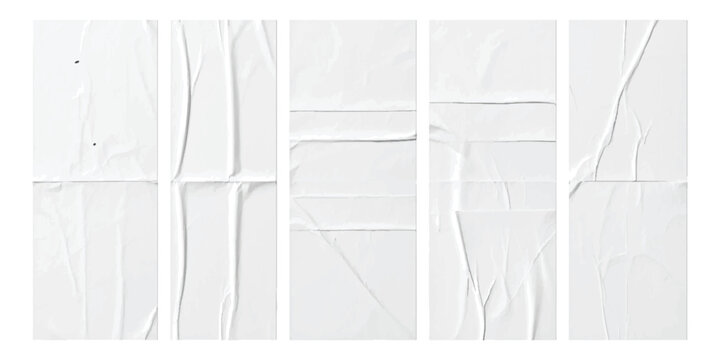Set of five wrinkled white paper posters with folds and creases