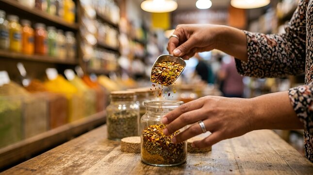 Hands scooping colorful spices into glass jar in shop, close-up, blurred background