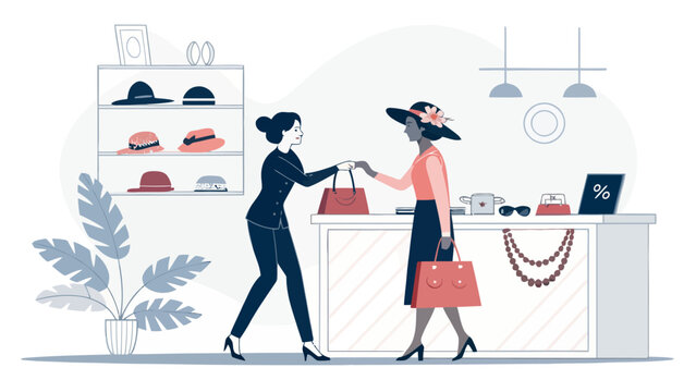 Two women exchanging a shopping bag at a retail store counter with various hats and accessories on display