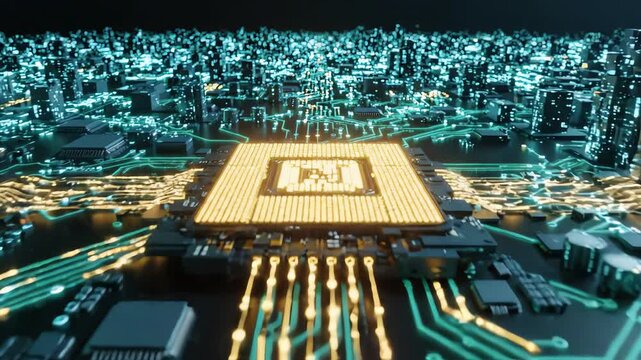 Abstract drone shot flying over a glowing digital circuit board landscape representing a regulated and organized electronic economy