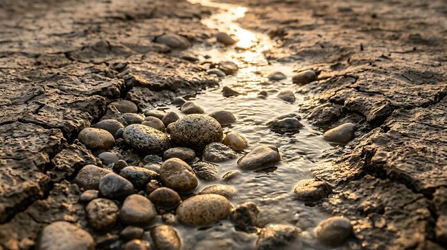 Water flowing through parched cracked earth at golden hour