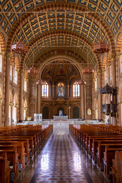 Interior of the Assumption Cathedral in Bangkok, Thailand, featuring its richly decorated nave and Neo-Romanesque architecture.