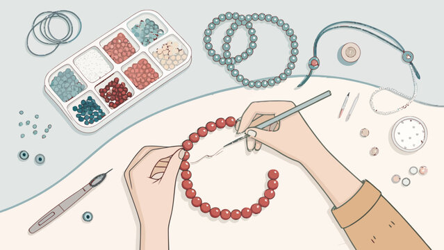 A person skillfully crafting a beautiful red beaded bracelet on a worktable with various jewelry making tools and supplies
