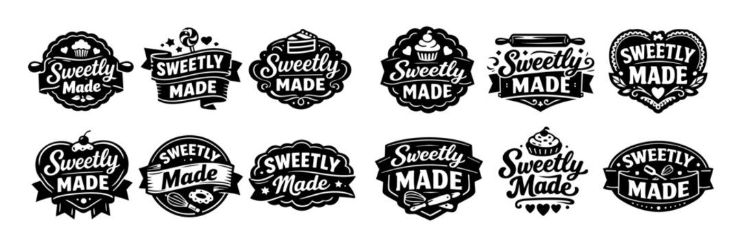 Vintage style badge collection featuring cupcake, cake, heart, lollipop, rolling pin, whisk, and donut elements