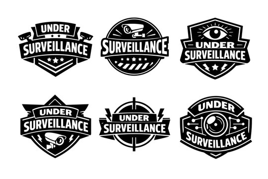 Under surveillance concept with security camera eye and circuit icons, black and white logo collection