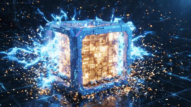 Cinematic 3D animation of a glowing digital cube being enclosed by a protective geometric frame representing secure blockchain regulation and compliance