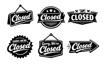 Fototapeta premium Set of various black and white vector closed signs and badges, indicating store, shop, or business closure