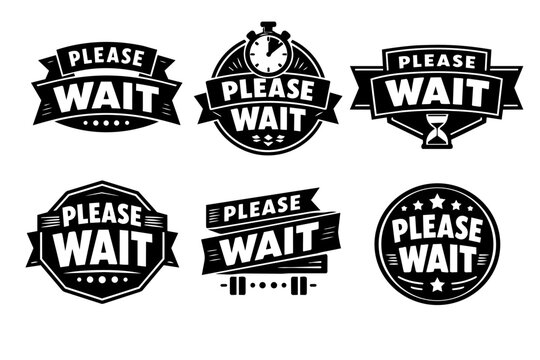 Please wait loading badge set. Waiting sign or coming soon status icon with stopwatch, hourglass, and dots