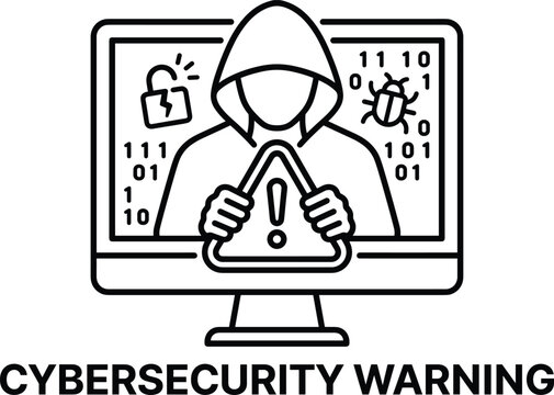 Cybersecurity warning line icon illustration showing a hooded hacker on a computer monitor with binary code malware and warning sign symbol