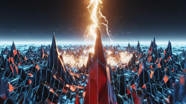 Cinematic animation of a glowing digital landscape with rising geometric peaks and fluctuating pulses of light illustrating market volatility