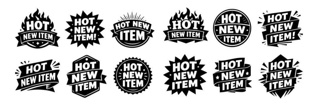 Marketing badges collection with hot new item text for product promotion, sales, and retail advertising