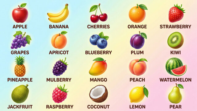 Educational fruit chart showing names of common fruits for kids learning