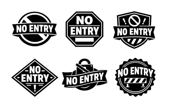 Graphic set of black and white no entry labels, badges, and emblems, denoting restricted access, stop, and caution