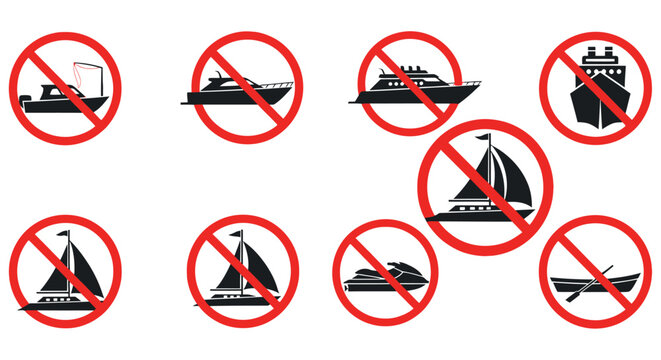 Prohibited watercraft silhouettes against red circles on a white background