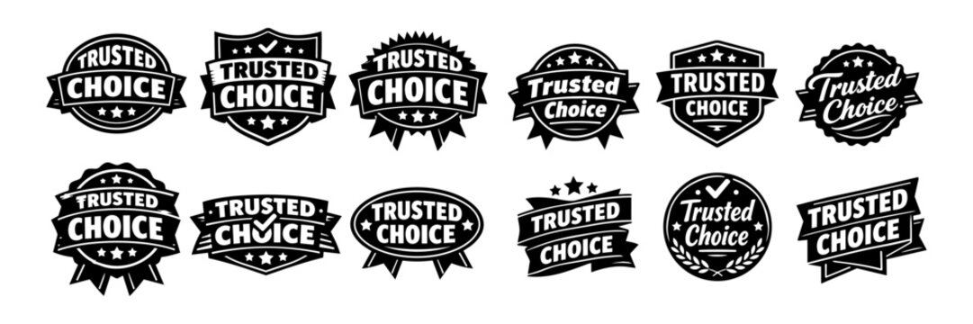 Trusted choice labels collection presenting quality guarantee emblems and badges for reliable products and services
