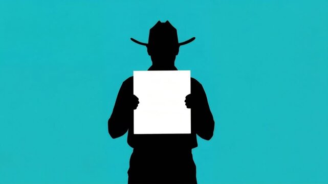 Cowboy silhouette holding white blank sign animation footage for customizable marketing messaging against a bright solid cyan background loop