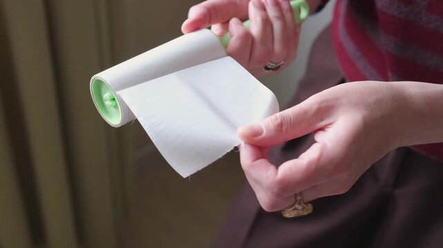 woman hand peels used sheet from sticky roller to expose fresh surface. removing dirty layer keeps roller effective for cleaning. proper roller maintenance ensures tool works perfectly.