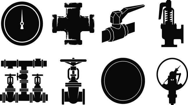 Industrial plumbing hardware and steampunk pipe fitting vector stencil set featuring pressure gauges gate valves ball levers and distressed cross joints