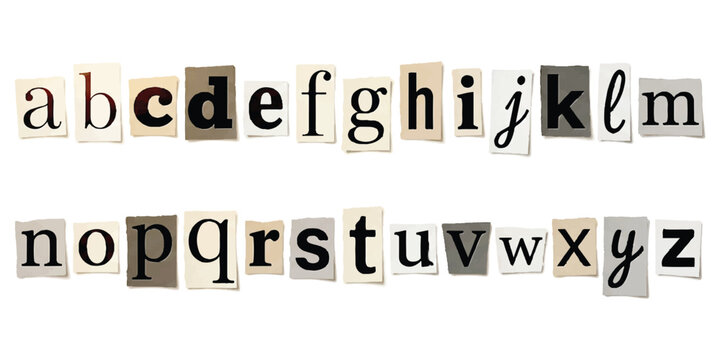 Alphabet set of letters cut out from magazines and newspapers for ransom note design