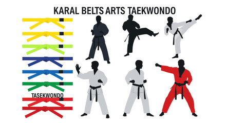Martial arts athletes in training poses with colored belt ranks © Entung
