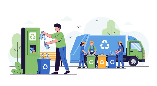 Recycling collection: people and trucks sort waste for eco-friendly environment