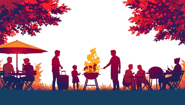 People enjoy a lively outdoor barbecue gathering under the shade of trees during a sunny summer day.